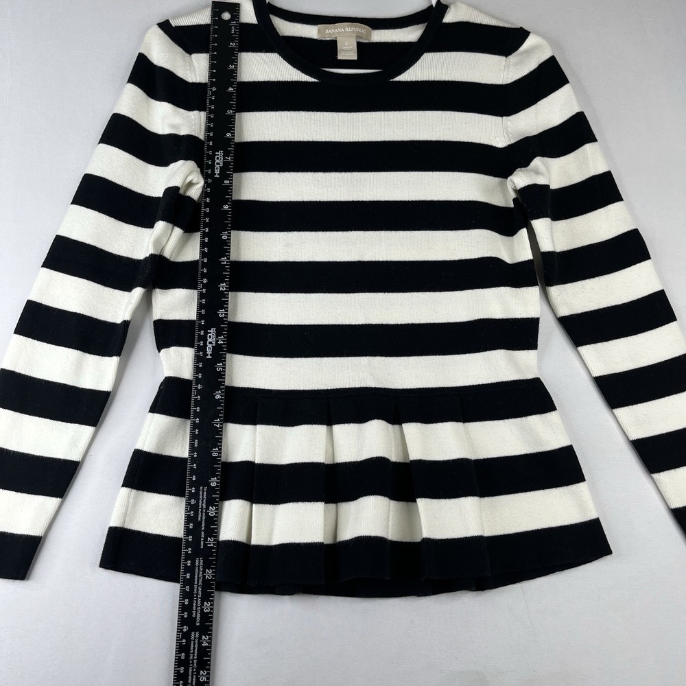 Banana Republic Women Small Black White Striped Peplum Knit Sweater Long Sleeve - Picture 8 of 16